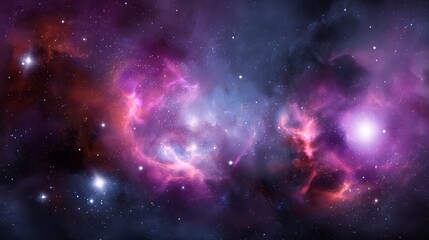 Naklejka premium Stunning cosmic nebula in outer space with colorful glowing gas clouds in purple pink and blue, countless sparkling stars and dreamy mysterious galaxy atmosphere