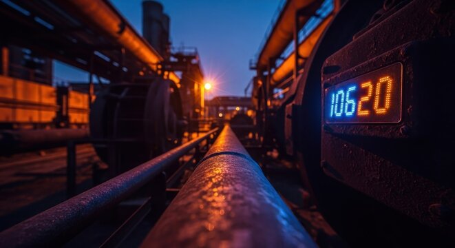 Industrial plant shows digital reading on machinery against night sky