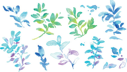 水彩画。水彩タッチの新緑のベクターイラスト。夏のグラデーションカラーの背景。Watercolor. Vector illustration of fresh greenery with a watercolor touch. Summer gradient color background.