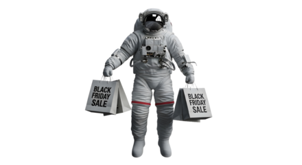 A beautiful 3D illustration of an astronaut holding bags of Black Friday promotion products.
