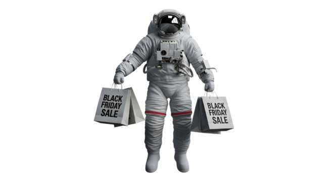 A beautiful 3D illustration of an astronaut holding bags of Black Friday promotion products.