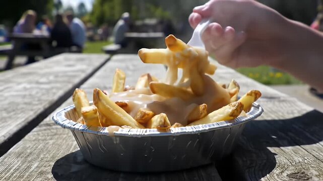Close Up of Classic Poutine with Golden Fries and Rich Gravy Served in Disposable Container on Rustic Wooden Table Perfect for Food Content National French Fry Day Promotion and Restaurant