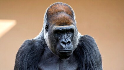 Obraz premium Close-up portrait of a powerful gorilla, its gaze intense and serious, against a blurred tan backdrop
