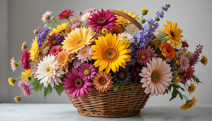 Fototapeta premium Basket of mixed seasonal flowers, bright colors, 16:9