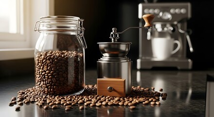 Freshly Roasted Coffee Beans and Grinder Ready for Brewing.