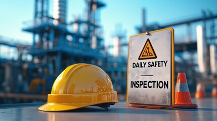 A safety helmet and a warning sign for daily inspections at an industrial site, indicating a focus on workplace safety protocols.