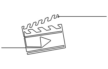 One continuous line drawing of clapper board. Action movie scene and retro video production concept in simple linear style. Outline editable stroke. Doodle vector illustration, One line drawing.