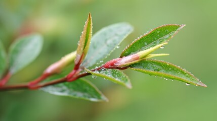 Close-up of fresh tea leaves and bud on branch with morning dew droplets, soft natural side lighting in botanical garden environment