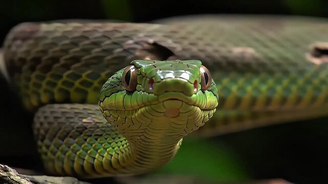 green snake slithers on a branch with a piercing gaze. This wild reptile displays detailed, natural green scales