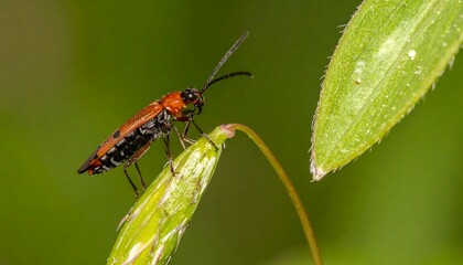 Fototapeta premium Close-up of a red and black insect perched on a vibrant green plant stem