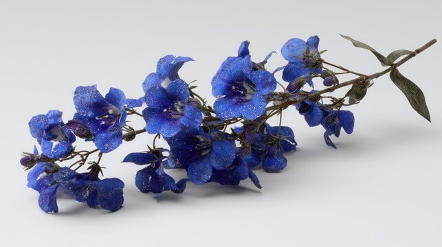 Vivid blue wildflower blooms on a twig against stark white background