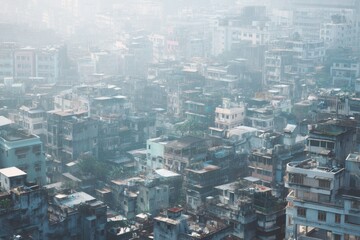 Fototapeta premium High angle view of densely packed buildings and rooftops in a megacity showing overpopulation issue, muted tones, atmospheric haze, no people in focus, no text.