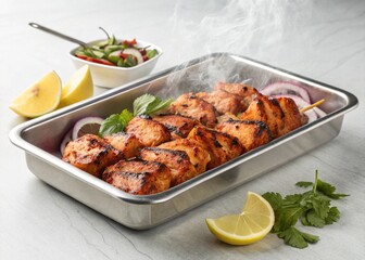 Grilled Chicken Tikka with Smoky Grill Marks and Stainless Steel Plating