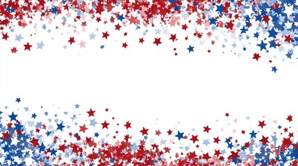 Festive red, white, and blue star confetti border on white background