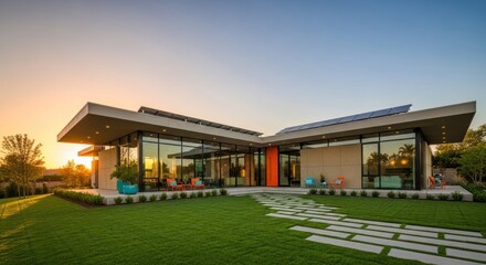Modern house at dusk with glass walls, flat roof, and green lawn
