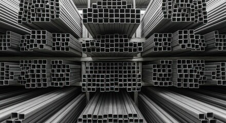Metal square tube racks in factory. Uniform, repetitive. Low perspective
