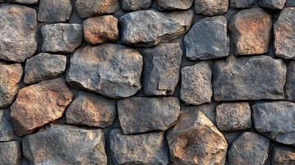 Fototapeta premium A textured stone wall composed of irregularly shaped rocks, showcasing a natural earthy palette with shades of gray and brown.