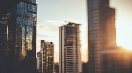 Obraz premium Contemporary urban skyline at dusk with glass skyscrapers reflecting golden sunset, warm color palette and simple city composition with blurred foreground