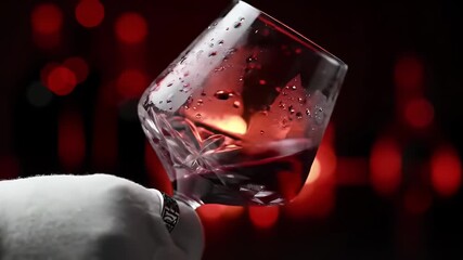 Elegant Swirling Red Wine in Crystal Glass a Symphony of Red Bokeh Lights Refined Taste and Luxury Gloved Hand Captures the Essence for Celebration Advertisement Event