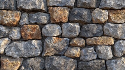 Obraz premium A close-up view of a textured stone wall, showcasing various sizes and colors of stones arranged in a natural pattern.