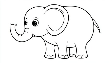 Cute cartoon elephant sitting with large ears, bold black outlines, simple round shapes, isolated on white background, playful vector clipart for kids educational materials