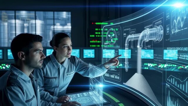 Reactor control room with engineers adjusting parameters of automated oxygen extraction system processing finely ground lunar regolith simulant.