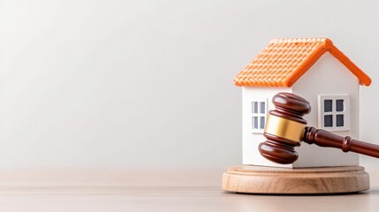 A miniature house model alongside a gavel symbolizes real estate law or property disputes.