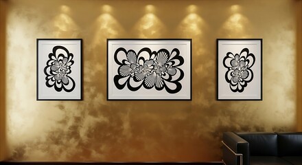 Elegant Interior with Three Framed Abstract Artworks on a Textured Wall.