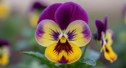 Pansy face purple, yellow, and brown petals in focus with blurred background