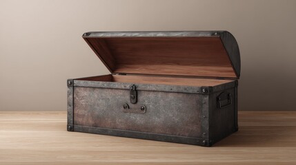Empty antique metal chest on wooden table
