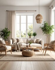 Fototapeta premium Sunlit Japandi Living Room with Rattan Lamp Wooden Furniture and Lush Plants.