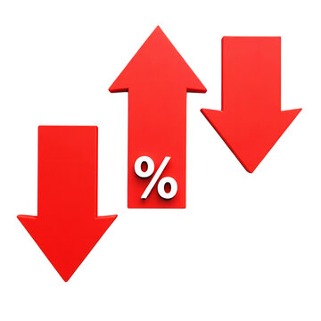 Red arrows showing percentage increase and decrease isolated on transparent background