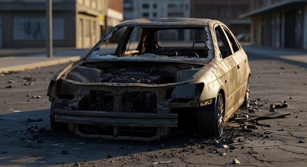 Obraz premium A heavily damaged burntout car sits on a cracked asphalt road