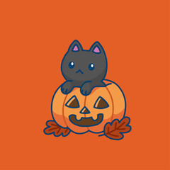 Cute vector illustration of a black cat sitting inside a Halloween pumpkin. 