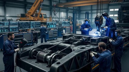 Background filled with heavy equipment and diagnostic consoles as mechanics rebuild the erector mechanism on a transporter vehicle.