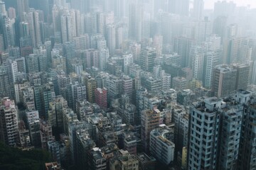 Fototapeta premium High angle view of densely packed buildings and rooftops in a megacity showing overpopulation issue, muted tones, atmospheric haze, no people in focus, no text.