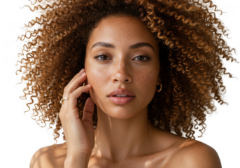 Portrait of woman with curly hair posing on transparent background