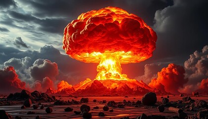 Fiery mushroom cloud, radiating shockwave, debris field,  warfare,  catastrophe