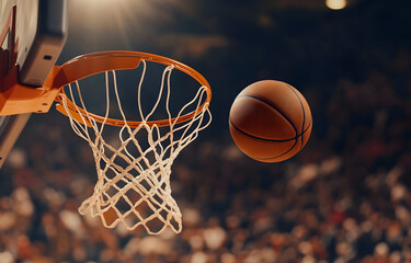 Fototapeta premium Basketball soars toward hoop amidst cheering crowd during intense game, capturing the energy and excitement of competitive sportsmanship.
