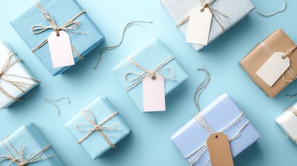 Pastel-toned gift boxes arranged on a light blue background, tied with twine and featuring blank tags