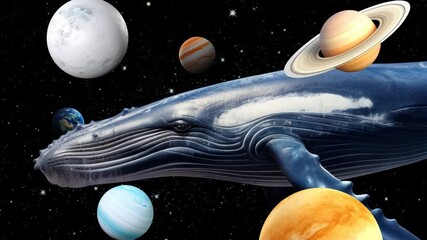 Surreal video concept of a whale swimming among planets in space. Captured from a side angle, blending fantasy with cosmic elements. Live desktop wallpaper. - Powered by Adobe