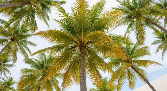 Palm trees reach skyward, their fronds creating a tropical canopy view - Powered by Adobe