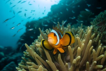A clownfish swims among the coral reef in its natural habitat