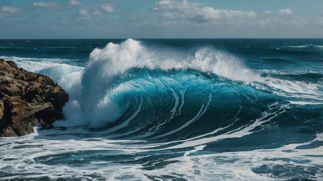 A powerful ocean wave crashing against a rocky coastline on a bright and sunny day at the sea shore