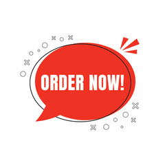 Order Now chat bubble badge icon. Shopping sale labels and quality tags. Promotional banner template for shop offers. Special discount, buy now, sale, promotion, Black Friday. Vector design.