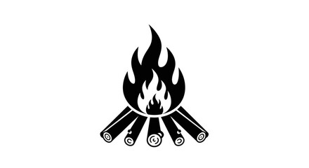 Black and white illustration of a campfire with logs and flames, isolated on a white background.