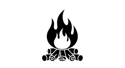 A stylized black and white illustration of a campfire with logs and flames.