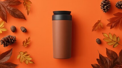 Reusable travel mug with black lid on vibrant orange background surrounded by fall leaves