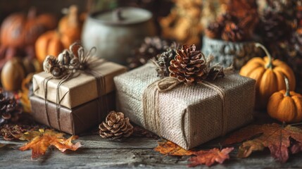 Autumnal gifts with pumpkins, pinecones, and fall foliage.  Warmly wrapped presents on a rustic wooden table
