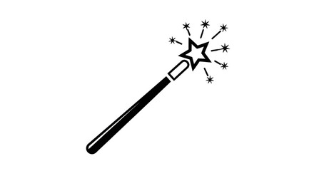 Simple black and white graphic of a magic wand with radiating sparkles.